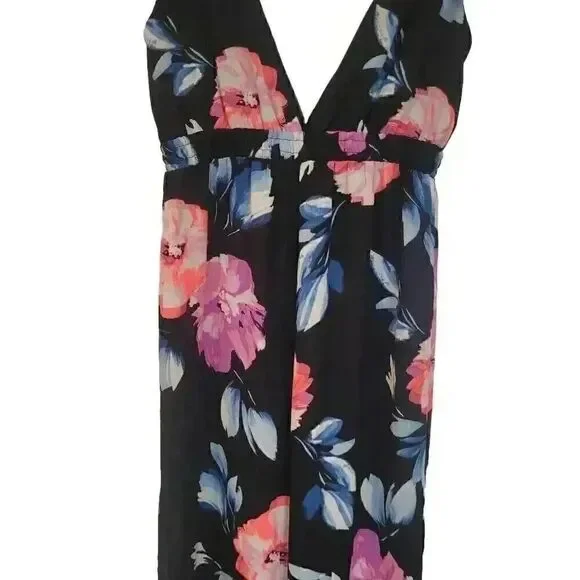 Aqua Women's Black Poly Bright Floral Deep V Front & Back Sleeveless Jumpsuit Ro - Picture 6 of 13